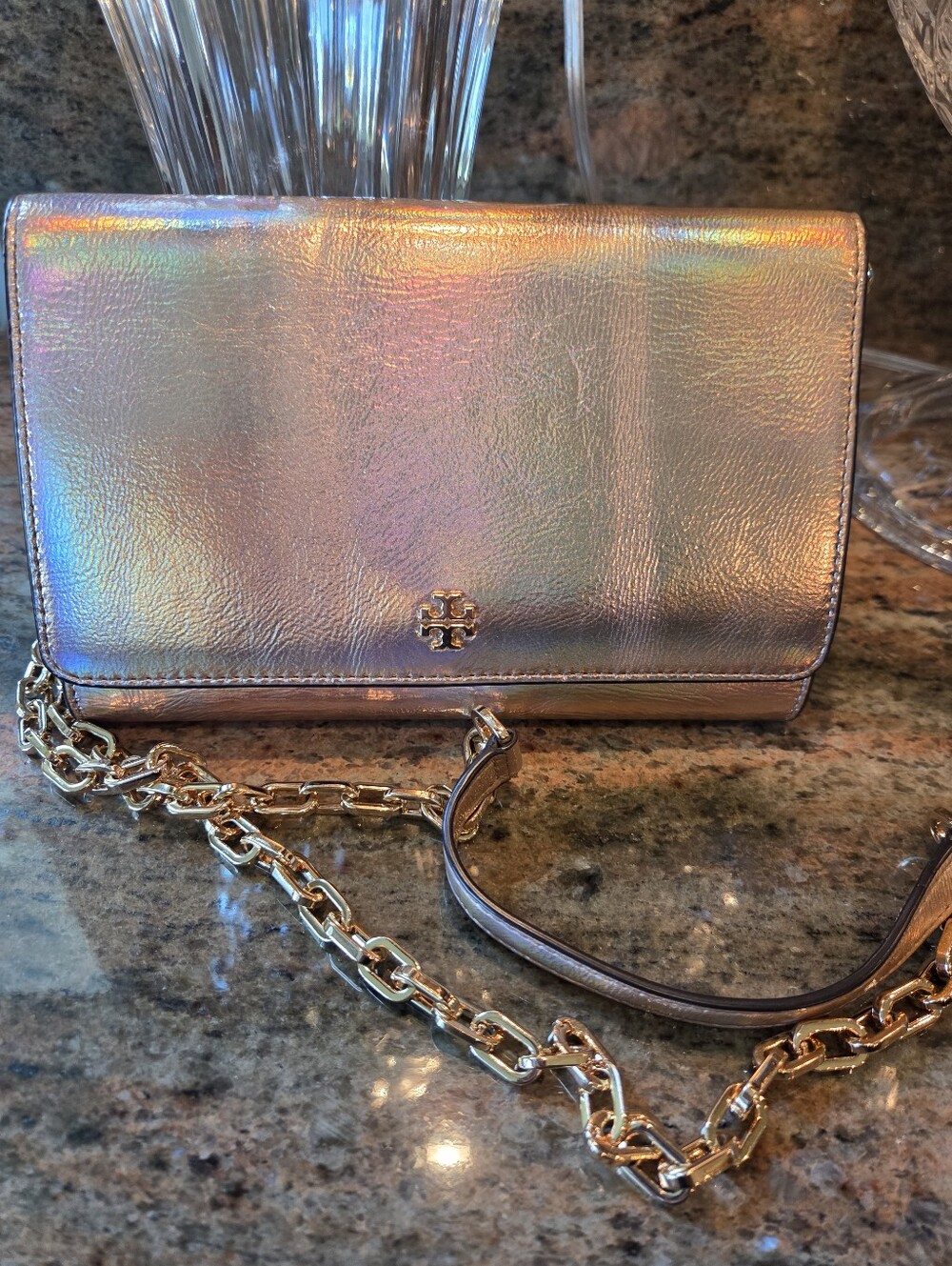 Tory Burch Iridescent Rose Gold Chain Crossbody Bag